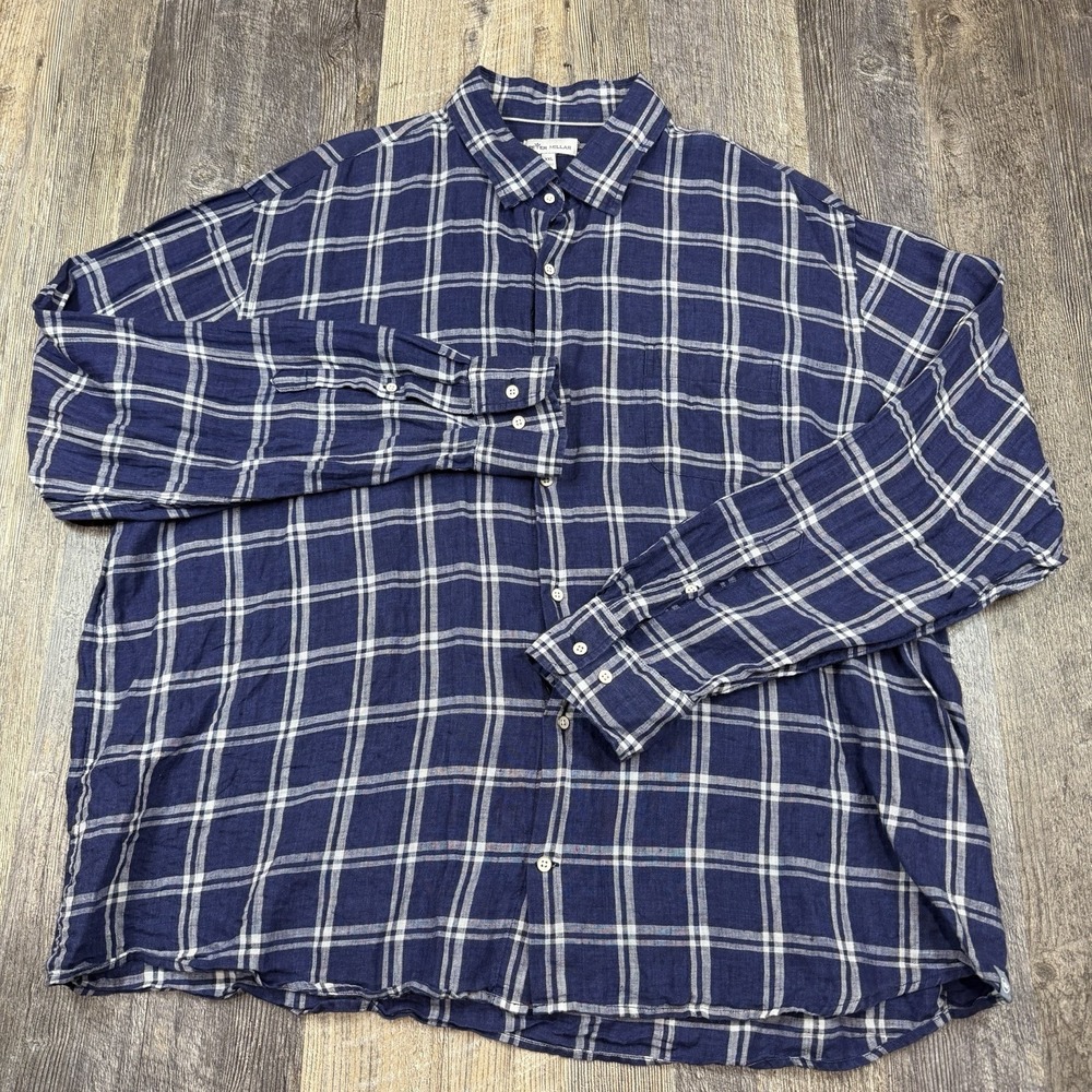 Peter Millar Men's Size XXL‎ Blue Plaid 100% Linen Button Up Long Sleeve Shirt - Picture 2 of 13